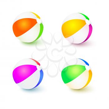A set of colored inflatable beach balls. Realistic tri-colour bouncy ball with reflections and shadows isolated on white background. 3D illustration.