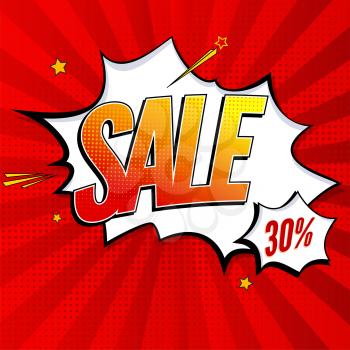 Sale pop art splash background, explosion in comics book style. Advertising signboard, price reduction, sale with halftone dots, cloud beams on red backdrop. Vector template for ad, covers, posters.