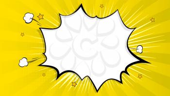 Pop art splash background, explosion in comics book style, blank layout template with halftone dots, clouds beams and isolated dots pattern on yellow backdrop. Vector template for ad, covers, posters.