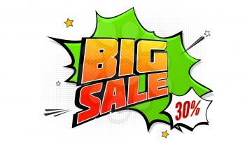 Big sale pop art splash background, explosion in comics book style. Advertising signboard, price reduction, sale with halftone dots, cloud beams on white backdrop. Vector for ad, covers, posters.