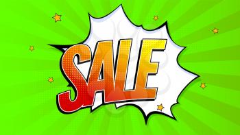 Sale pop art splash background, explosion in comics book style. Advertising signboard, price reduction, sale with halftone dots, cloud beams on green backdrop. Vector template for ad, covers, posters.