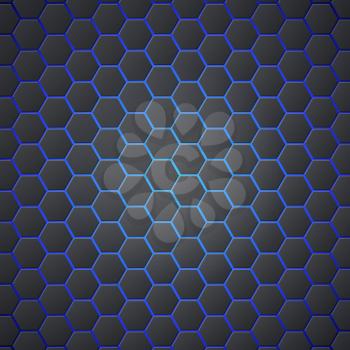Honeycombs abstract 3d hexagonal seamless backdrop with blue electricity light. Metallic hexagons on blue background. Template for cover, posters, banners and other.