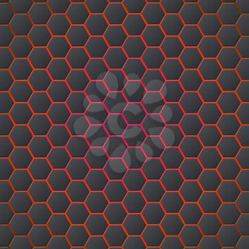 Honeycombs abstract 3d hexagonal seamless backdrop with blue electricity light. Metallic hexagons on red background. Template for cover, posters, banners and other.