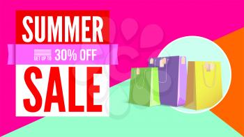Summer sale flat design poster. Selling ad banner on tricolor flat background with shopping bags. Summer super vacation discount Sale poster, get up to thirty percent, flat geometric design
