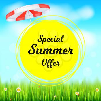Special summer offer selling ad banner. Holiday discounts backdrop with big yellow sun, green field, white clouds and blue sky. Template for shopping, advertising signboard, price reduction poster.