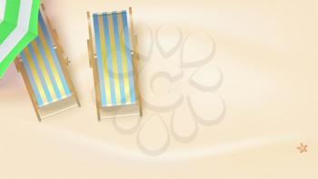 Summer sandy beach with sun umbrella and deck chairs, top view. Vector background of best moments of summer, flat lay. Horizontal 3D illustration of summer holidays on sunny beach
