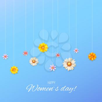 Floral design of pattern from summer wildflowers. Floral vector banner with spring blossom. Greetings card for Happy women s day. Cover for congratulations, invitations, posters, 3D illustration.