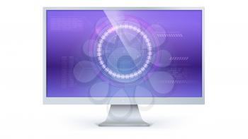 Computer monitor with of Sci-Fi dashboard. HUD, radar of cyberspace access platform, futuristic display with text sample of infographics. Virtual screen. Vector 3D illustration isolated on white.