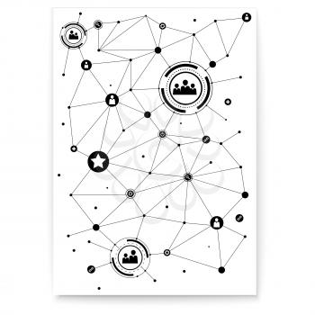 Concept of poster with scheme of social media network. Communication technology, engineering of social network. Cover with global symbols for interactive interaction. Vector illustration