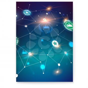 Poster with social network, perspective view of scheme on communication technology in social network. Global symbols of interactive interaction. 3D vector illustration. Template for cover, banner
