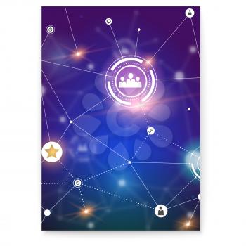 Poster with social network. Scheme on communication technology in social network. Global symbols of interactive interaction. Blurred backdrop, 3D vector illustration. Template for cover, banner.
