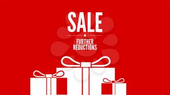 Sale. Offer of discount for shoppings. Further reductions of price. White pictograms on red background. Vector 3d illustration. EPS 10 file