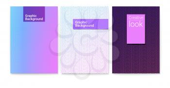 Design of posters with wavy striped halftone pattern and trendy gradient. Set of vector texture from dots. Minimalistic cover art, ornament from dotted line. Template for magazines, leaflets, banners