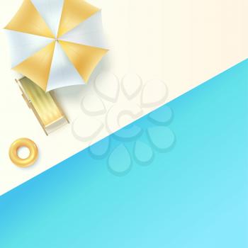Top view on sun lounger under an umbrella at edge of pool. Concept of summer vacation, flat lay. Vector template for your summertime design, cover, posters.