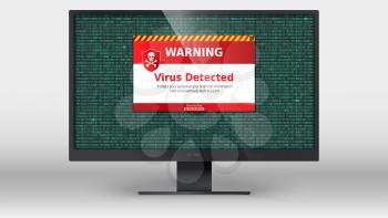 Computer monitor with alert message of virus detected . Scanning and identifying computer virus inside binary code listing. Area of the code with computer virus. Warning message on computer screen.