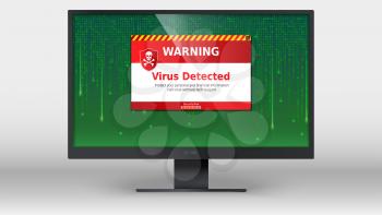 Virus detected, alert message. Computer virus inside binary code listing. Area of the code on computer screen with virus. Concept of security, programming and hacking, decryption and encryption.