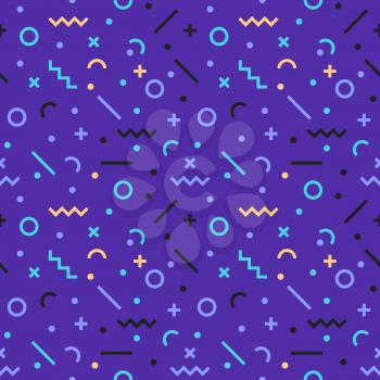 Abstract, seamless, geometric pattern, Memphis style. Retro hipsters design in 80s or 90s style. Ready for print on fabric, paper, website backdrop, Flat vector illustration.