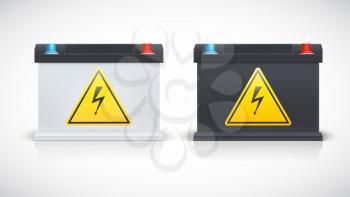 Set of car battery isolated on a white background, various parts. Icons of Car parts for garage, auto services. Black and white car accumulators. 3D illustration