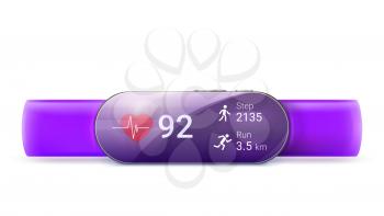 Activity tracker isolated on white background, 3D illustration. Modern mobile device for wear on the wrist. Running a fitness app with clock and distance tracking function. Concept of smart watch.