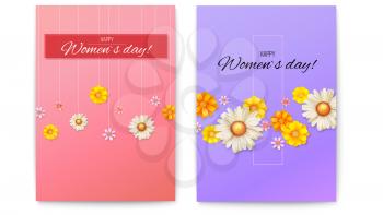 Cover design, floral pattern of spring wildflowers. Set of vector poster with blossom flowers. Greetings of Happy women s day. Summer banner for congratulations, invitations, posters, 3D illustration
