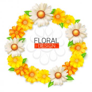 Flower wreath of spring wildflowers. Summer background for congratulations, invitations and events of travel agencies. Floral vector background, isolated on white, 3D illustration.