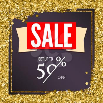 Sale poster with luxury gold sparkle glitter. Get up to fifty percent discount. Poster for ad and marketing. Template for shopping events and printing brochure, voucher, flyer, tag. 3D illustration.