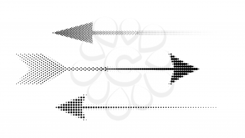 Icons of halftone arrows. Set of abstract vector arrows from dots isolated on white background.