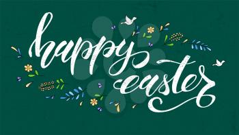 Happy Easter greeting on school board, spring holiday. Handwritten calligraphy and sketchy hand drawn art. Hand drawing doodle. Festive brush pen lettering. Easter greeting with color decorations