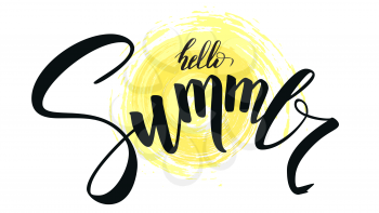 Hello Summer. Handwritten text, brush pen lettering with symbol of sun. Hand drawn calligraphy template of logo for invitation of summer holidays, beach parties, travel agency events.