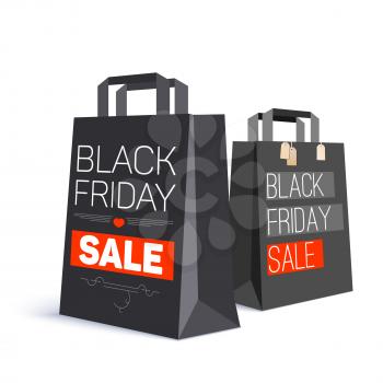 Black paper shopping bag with ad text. Black friday sale and with labels from the purchase on the bag. 3D illustration. Template for online shopping, advertising actions