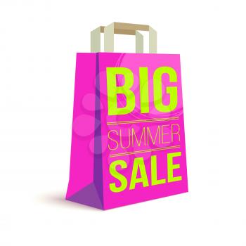 Color paper shopping bag with ad text. Big summer sale and picture sun on the bag for purchase. 3D illustration. Template for online shopping, advertising actions