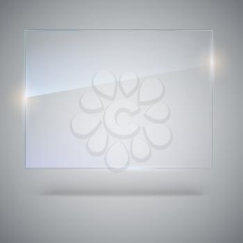 Blank, transparent vector glass plate. Vector template, mock-up banner with copy-space. Photo realistic texture with highlights and glow on the background. See through the plastic, 3D illustration.
