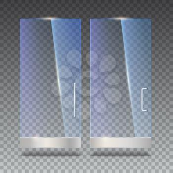 Glass door with reflection and shadows, isolated on transparent background. Vector 3D illustration. Transparent glass door, for shop, mall, transparent boutique door, office door with metal handles.