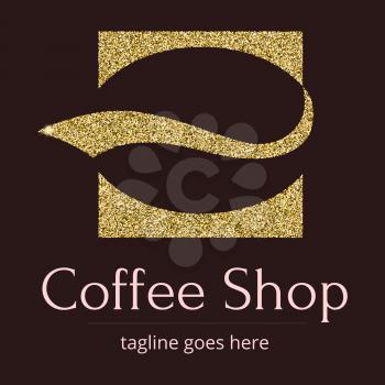 Logo with a Golden glitter, sheen. Symbol for coffee shop or coffee business. A stylized coffee bean in the form of a silhouette of the character. Logo template for brending and identity.