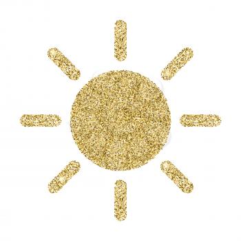 Sun icon with glitter effect on white background. Vector pictogram, symbol of sun, form of icon contains golden particles dust.