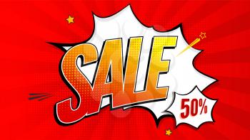 Sale pop art splash background, explosion in comics book style. Advertising signboard, price reduction, sale with halftone dots, clouds beams on red backdrop. Vector template for ad, covers, posters.