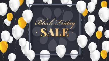 Black Friday Sale Poster with shiny balloons on dark Background with golden lettering and frame. Vector illustration.