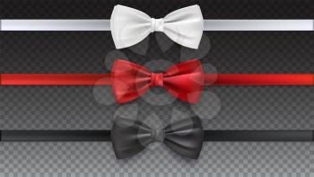 Realistic white, black and red bow tie, vector illustration, isolated on transparent background. Elegant silk neck bow.
