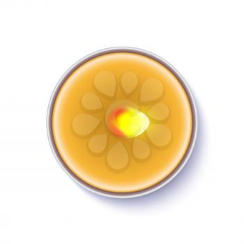 Realistic wax, flamed round candle in a metal case isolated on white backdrop. Top view on yellow burning candle. Template for invitation or greeting cards. Vector illustration.