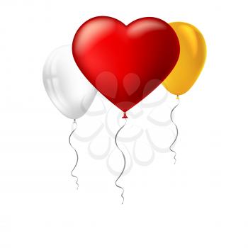 Bright red heart, the inflatable balloon in the shape of a big heart with tape, ribbon and other colored inflatable balloons. Greeting card for your friends, loved ones on white background.