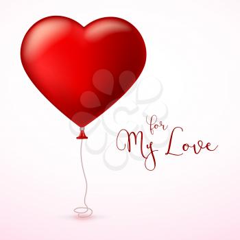Bright red heart, the inflatable balloon in the shape of a realistic, big heart with tape, ribbon. Greeting card for your friends, loved ones with a bouncy ball in form heart on white background.
