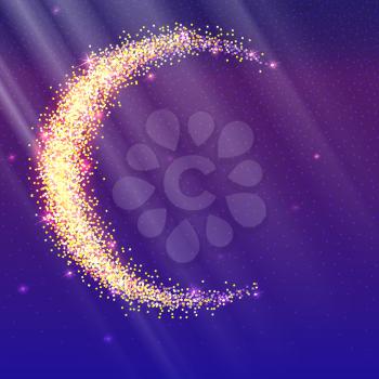 Half of the moon from gold glittering star dust on a colored background. Golden symbol for for flyer, poster or banner. Template with texture for your design or business.