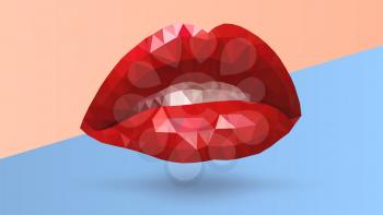 Women seductive scarlet lips made from triangle polygons. Vector abstract bright geometric illustration on colored background. Red open mouth with white teeth
