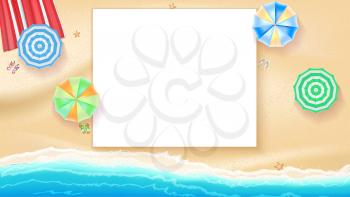 Summer beach with waves, top view. Slippers and towel, starfish lie on the beach sand. Summertime, relaxation summer tourism, vector illustration