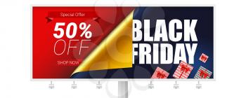 Billboard with ads of Black Friday Sale. Discount 50 percent off. Curved corner of open paper. Decoration elements for shopping actions on Christmas and Black Friday. Gift boxes red ribbon and bow