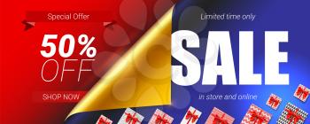 Sale in store and online, special offer. Up to 50 percent discount. Banner with design of text, curled corner with open gift wrap paper and gift boxes. Vector 3d illustration for discount actions.