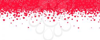 Red hearts are falling down like snowfall or rain. Decoration for holidays of holy Valentines, Womens and Mothers days. Abstract pattern isolated on white background for greeting wedding card.