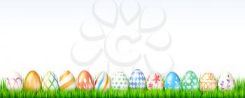 Collection of easter eggs on white background. Decoration for spring celebration of Easter with handmade eggs on green grass. Set of eggs with hand drawn paintings. Background for invitation, cover