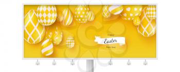 Billboard with poster of Happy Easter holidays. Creative banner in trendy minimalistic yellow color, vintage ribbon and design of greetings text. Easter eggs in modern three-dimensional style