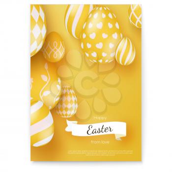Happy Easter, wishes on holiday. Vector poster in trendy minimal style, limited colors. Ribbon in vintage, old school style with design of greeting text. Easter eggs in three-dimensional style
